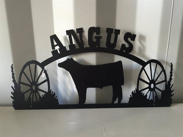 Angus Steer with Wagon Wheel Metal Sign