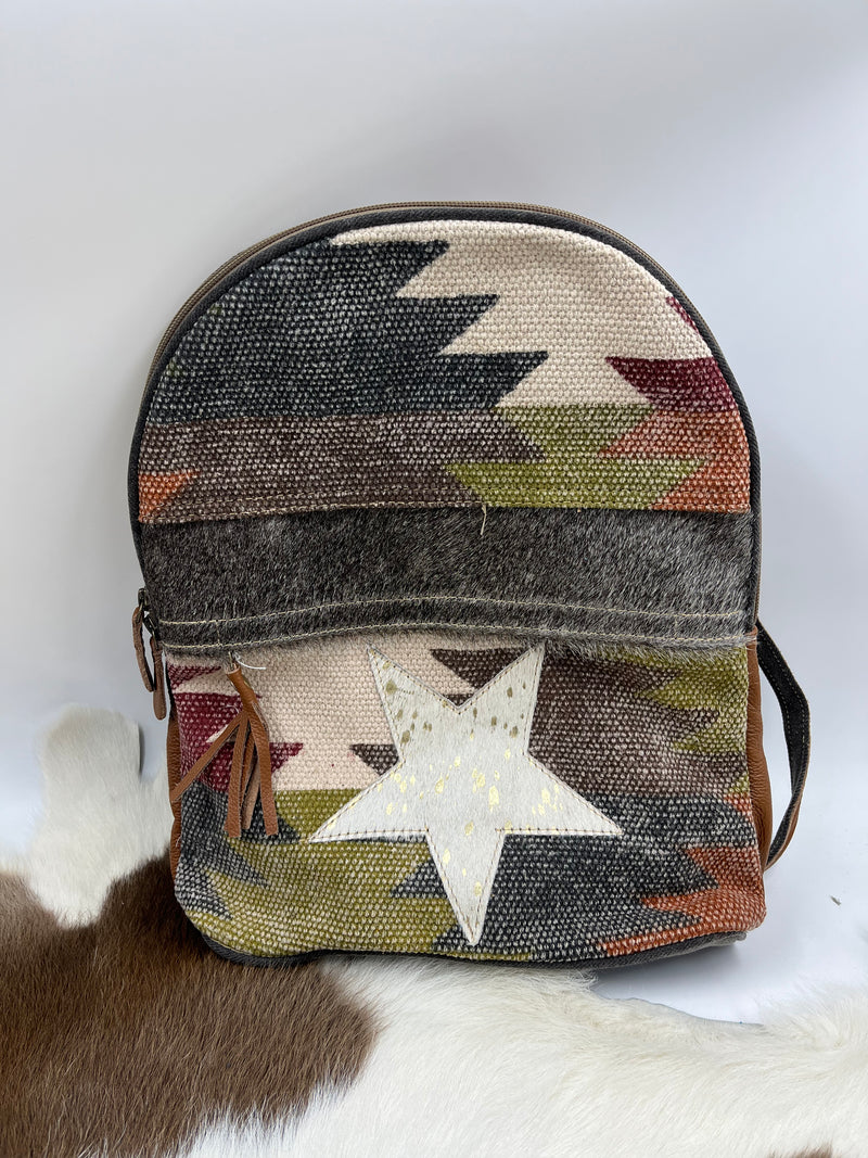 Cowhide Western Fashion BackPack - Multicolored Aztec Rug and Cowhide With Star
