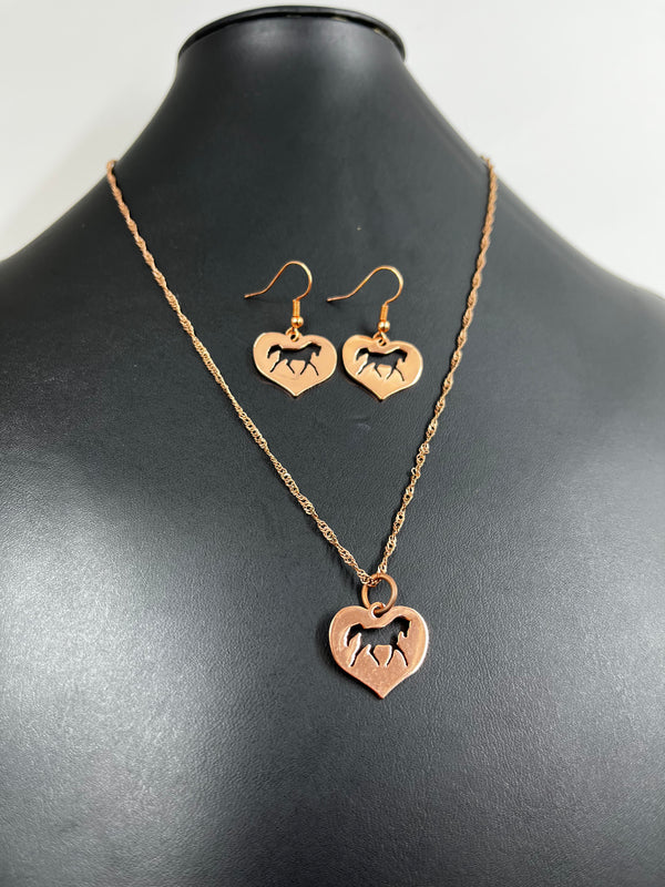 Rose Gold Horse Necklace and Earring Set