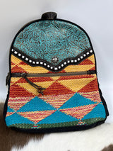 Cowhide Western Fashion BackPack - Multicolored Geometric Leather and Cotton
