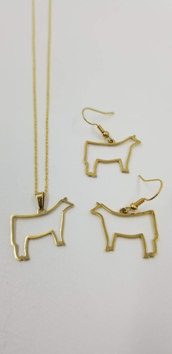 Stainless Steel Show Heifer Outline Necklace and Earring Set - The Branded Barn