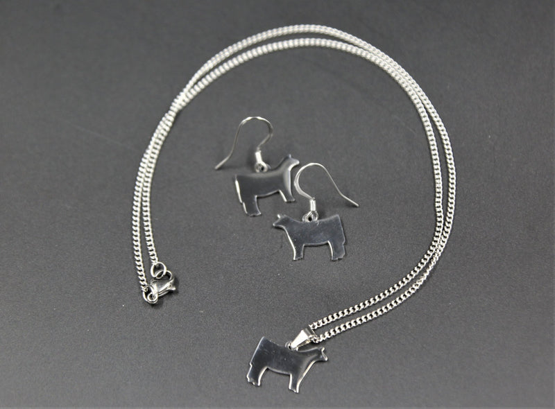 Stainless Steel Show Heifer Steer Necklace and Earring Set - The Branded Barn